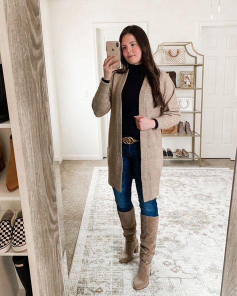 Duster Cardigan Outfit Winter, Taupe Cardigan Outfit, Fall Outfits Classic, Tall Slouchy Boots, Taupe Boots Outfit, Slouchy Boots Outfit, Classic Fall Outfits, Trendy Fall Boots, Tan Boots Outfit