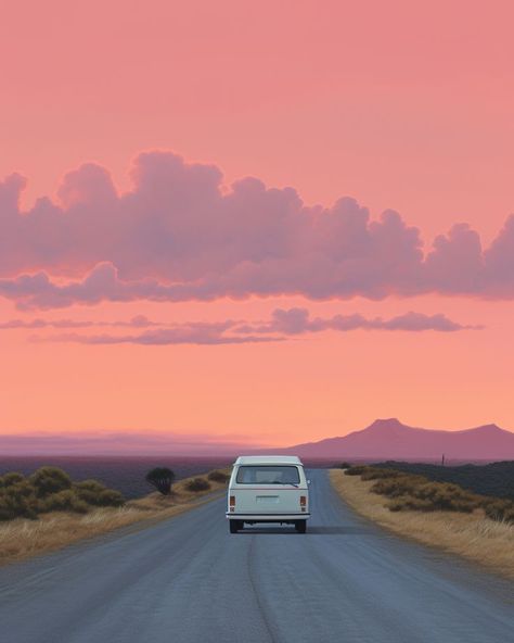 A pink van, heading down the road at sunset, reflecting a style of pop inspo and Alex Colville, crafting a scene that is a detailed, enchanting blend of light azure, red, and vintage aesthetics, inviting viewers into a world where every hue and silhouette whispers a story of vibrant and enchanting adventures. Road Trip Aesthetic, Aesthetic Road, Vibrant Aesthetic, Alex Colville, Pink Aesthetic, Road Trips, On The Road, The Road, Road Trip