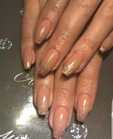 Nude Nails With Glitter Tips, Nude Ombre Nails With Glitter, Nails For Bride Wedding Day, Nude Nails With Glitter, Holiday Nails Glitter, Ombre Chrome Nails, Rose Gold Nails Glitter, Champagne Nails, Ombre Gel Nails