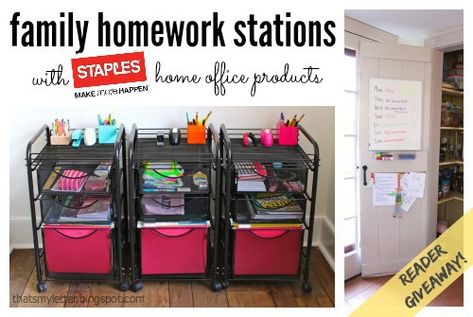 Family homework stations and command center with Staples home office products: Do your kids do their homework in different areas of your home? If they are anything like my kids then you have one sitting in the kitchen, one at the dining room table, one in the family room and maybe one in their bedroom.... Read more Girls Bathroom Organization, Special Education Visual Schedule, F Is For Family, Kids Desk Organization, Kids Homework Station, Homework Area, Homework Room, Homework Organization, Homework Station