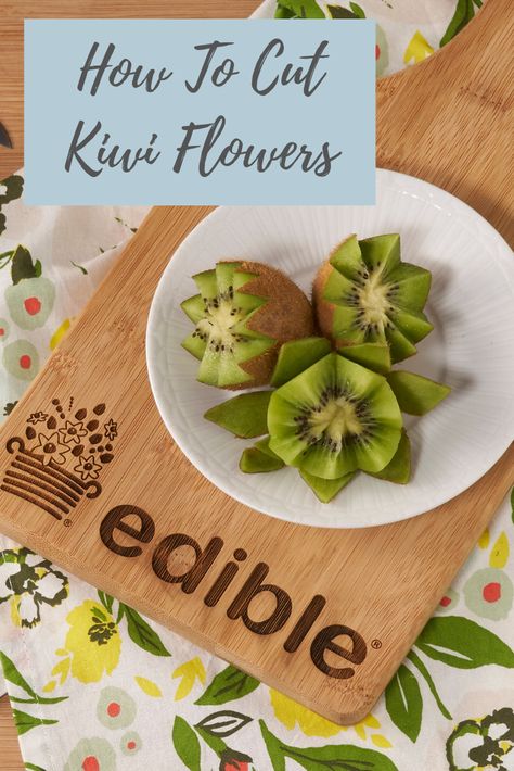 Kiwi Flowers Fruit, Kiwi On Charcuterie Board, Kiwi Charcuterie, How To Cut Fruit Into Shapes, How To Cut Kiwi Fancy, Cut Fruit Ideas, How To Cut Fruit For Charcuterie, How To Cut Kiwi, Creative Fruit Tray Ideas