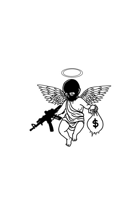 Angle With Ak47 Tattoo, Thug Angel Tattoo, Tattoo Designs Money, Mens Tattoo Designs Drawing, Tattoo Ideas Money, Angel With Ak Tattoo, Gangsta Cartoon, Money Tattoo Designs, Gangsta Art