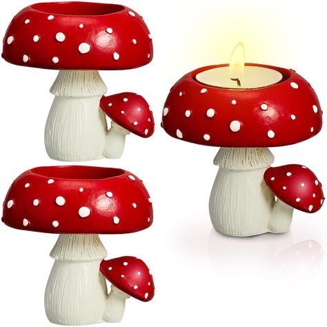 PRICES MAY VARY. Cute Candle Holder Set: you will receive 3 pieces of decorative mushroom candle holders, allowing you to place them in different corners and make various arrangements, which can bring more fun to your home decors Creative Mushroom Design: the decorative cute candle holder is a combination of lovey and novel mushrooms in different sizes, the large mushroom is designed as an opening for placing candles and the small mushroom is a decoration; The vivid and classic color combination Candlestick Crafts, Tea Scented Candles, Mushroom Candle, Mushroom Gnome, Small Mushroom, Ceramic Projects, Mushroom Tea, Hutch Decor, Large Mushroom