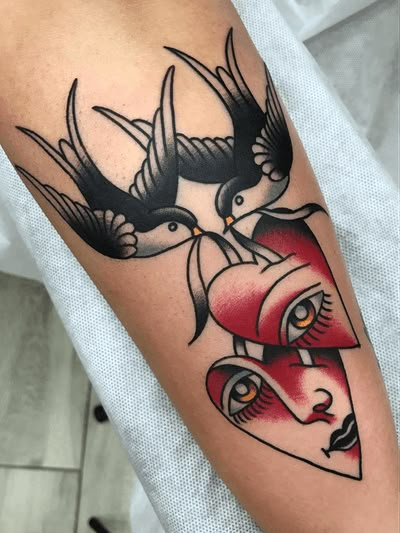 Swallow Tattoo Meaning, Tattoo Plume, Traditional Swallow Tattoo, Swallow Tattoos, Swallow Tattoo Design, Traditional Heart Tattoos, Designs With Meaning, Sparrow Tattoo, Traditional Style Tattoo