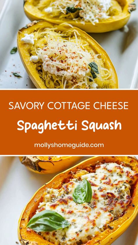 Discover a delicious twist on traditional spaghetti with this Cottage Cheese Spaghetti Squash recipe. The unique combination of creamy cottage cheese and roasted spaghetti squash creates a light yet satisfying dish that's perfect for lunch or dinner. Whether you're looking to add more veggies to your diet or simply want to try something new, this Cottage Cheese Spaghetti Squash dish is sure to become a family favorite.  Ingredients 1 spaghetti squash (about 1 pound) 1 tablespoon olive oil Salt, Spaghetti Squash Kale Recipes, Spaghetti Squash With Cottage Cheese, Spaghetti Squash Dishes, Spaghetti Squash Recipes Cream Cheese, Spaghetti Squash With Goat Cheese, Ways To Eat Spaghetti Squash, Breakfast Spaghetti Squash, Cottage Cheese Italian Recipes, Spaghetti Squash And Cottage Cheese