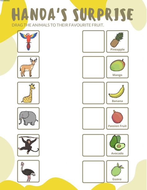 Handa's Matching Activity - Interactive worksheet Handa Suprise Activities, Handa Surprise Activities, Handas Surprise Eyfs Activities, Handas Surprise Activities, Handa's Surprise Activities, Handas Surprise Eyfs, Handas Surprise, Toddler Fine Motor Activities, Worksheet For Preschool