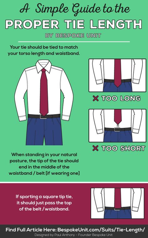 Proper Tie Length Guide.   It's one of the most common sartorial mistakes man make, the incorrect tie length!   It is also the easiest one to fix. Read our infographic and article to get that tie on "point" each and everytime.   #Tie #Infographic #Suits #WeddingSuit #Menswear #MensFashion Tie Length Men, Men Dressing, Real Men Real Style, Gentlemens Guide, Gentlemen's Guide, Suits And Ties, Mens Fashion Tips, How To Crochet For Beginners, Suit Man