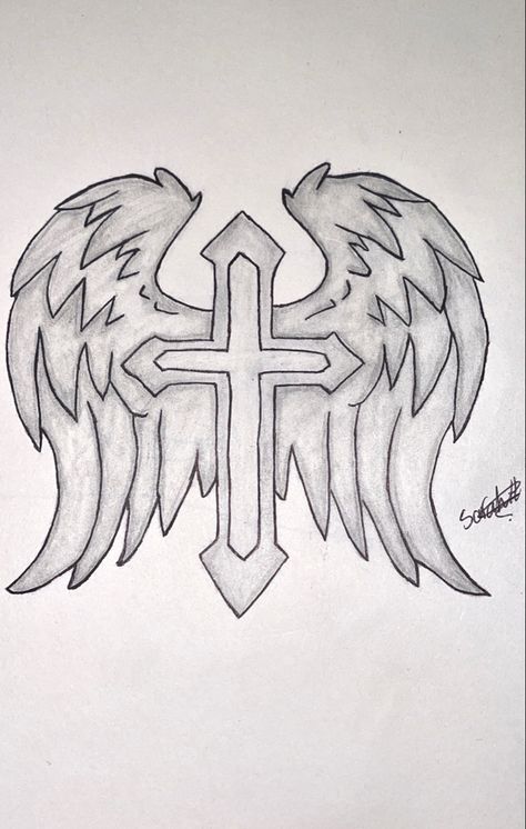 Y2k Cross Drawing, Cross Sketches Pencil, Cross With Wings Tattoo Stencil, Cross With Wings Drawing, Cross Sketch Christian, Easy Tattoos, Easy Tattoos To Draw, Portrait Drawing Tips, Salvation Scriptures