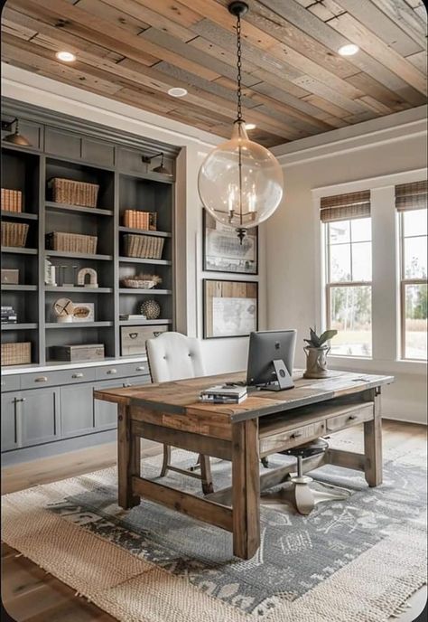 Farmhouse Office Ideas, Modern Farmhouse Office, Farmhouse Office Decor, Cozy Workspace, Rustic Home Offices, Farmhouse Office, White Shiplap Wall, Cozy Home Office, Beautiful Farmhouse