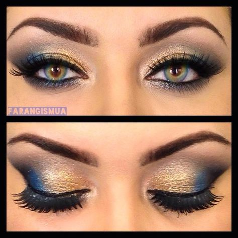 Dark Blue And Gold Eye Makeup, Gold And Blue Makeup Looks, Blue And Gold Eyeshadow, Blue And Gold Makeup, Navy Eye Makeup, Make Up Gold, Gold Eye Makeup, Gold Eyeshadow, Makijaż Smokey Eye