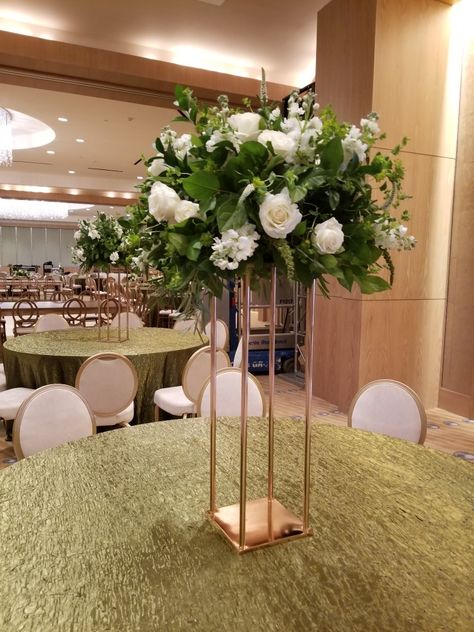 Stunning greenery and white decor in gold stands Hero Decorations, Green Quinceanera Theme, Green Wedding Centerpieces, Wedding Theme Color Schemes, White And Gold Decor, Blue Wedding Decorations, Wedding Backdrop Decorations, Green Backdrops, Turquoise Wedding