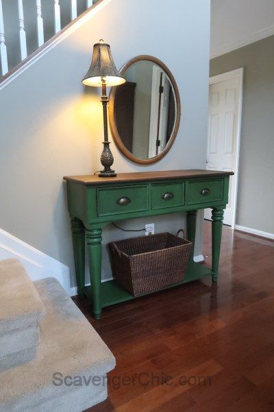 Console Table, Entry Table Makeover, Green Chalk Paint Green Hall Table, Dark Green Entry Table, Painted Sofa Table Ideas Color Schemes, Entryway Table Paint Ideas, Upcycled Hall Table, Entry Table Makeover Diy, Colorful Entryway Table, Upcycled Console Table, Paint Entry Table