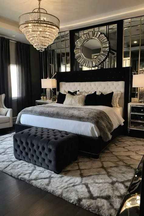 Bedroom Ideas Black And Grey, Glamorous Bedroom Ideas, Bedroom Ideas Interior Design, Black White And Grey Bedroom, Black And Silver Bedroom, Glam Rooms, Decorating Ideas Bedroom, Glamorous Bedroom, Black And Grey Bedroom