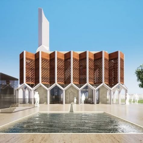 School Elevation Ideas, Long Building Design, Islamic Facade Architecture, Islamic Center Design, Architecture Mosque Design, Mosque Facade Design, Shading Elements Architecture, Islamic Buildings Architecture, Unique Roof Design Architecture