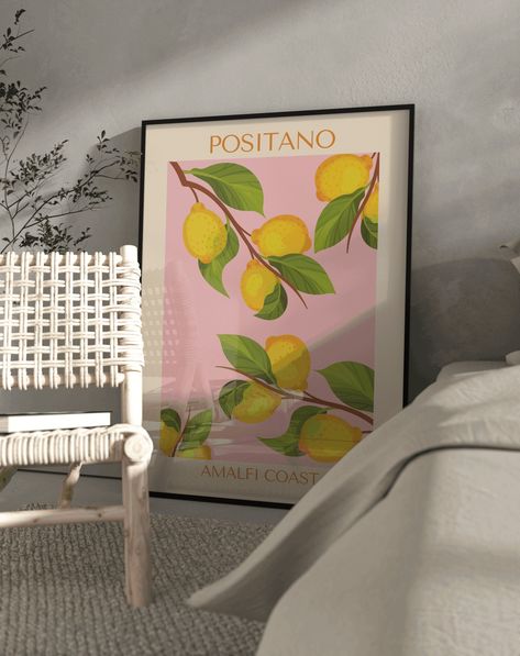 Pink And Yellow Wall Decor, Yellow And Pink Wall Art, Lemon Bedroom Decor, Fruit Living Room, Pink And Yellow Room Decor, Pink And Yellow Living Room, Yellow Wall Prints, Pink Yellow Bedroom, Positano Poster