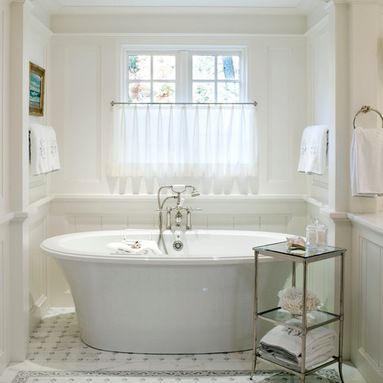 Window Treatments Over Tub Design Ideas, Pictures, Remodel and Decor Bathtub Alcove, Fox Group, Bathroom Window Treatments, Timeless Interior Design, White Bathroom Designs, Gambrel Roof, Timeless Interior, Tub Tile, Bathroom Ceiling