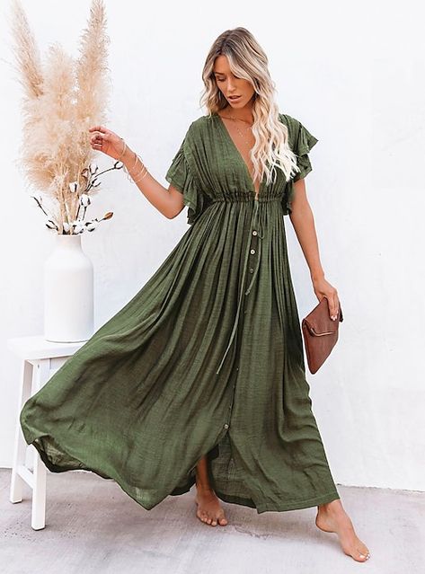 Green Boho Dress, Maxi Dress Short, Elopement Shoot, Cheap Maxi Dresses, Cotton Linen Dresses, Solid Green, Boho Green, Maxi Dress Online, Dress Short Sleeve