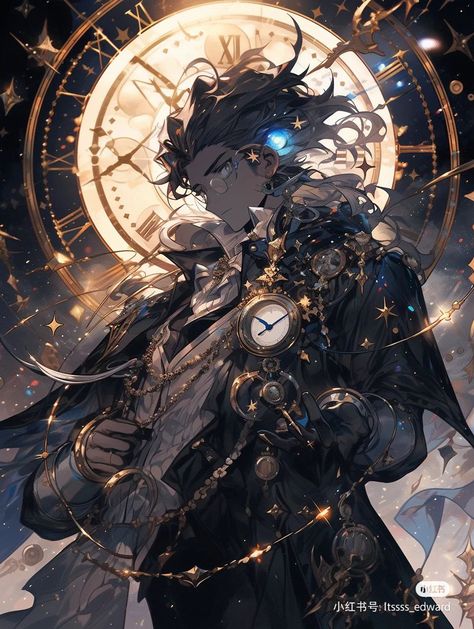 Clock Work Soul Sorcerer, Time Wizard Art, Character Design Clock, Clock Character Design, Clockwork Soul Sorcerer, Clock Anime, Magic Anime, Aesthetic Galaxy, Anime Show