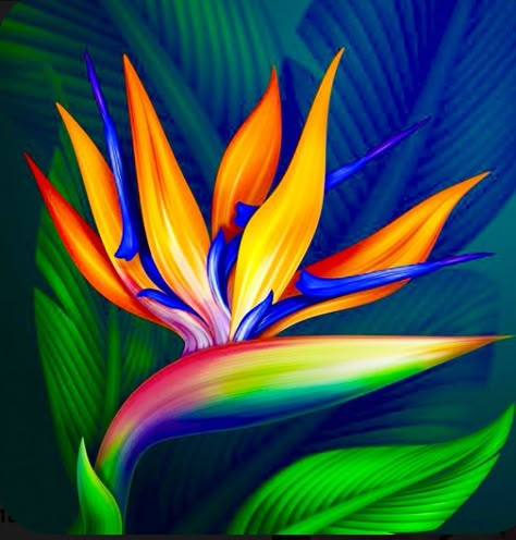 Strelitzia Painting, Bird Of Paradise Tattoo, Paradise Painting, Fused Glass Flower, Bright Colors Art, Bird Of Paradise Flower, Jungle Mural, Birds Of Paradise Flower, Landscape Painting Tutorial