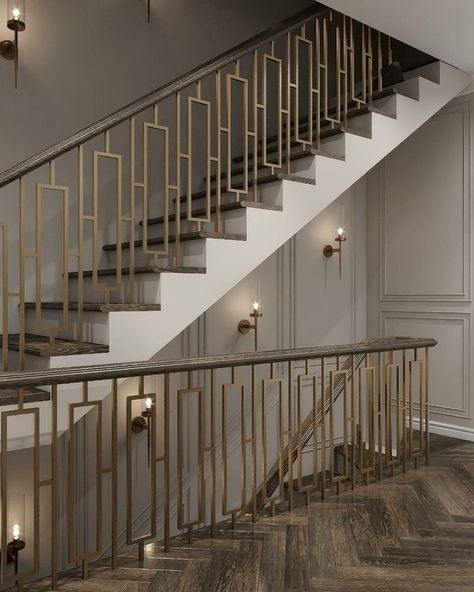 Drabzin Modern, Railing Design Stairs, Contemporary Stair Railing, Gold Staircase, Modern Stairway, درابزين السلم, Custom Staircase, Luxury Stairs, Design Stairs