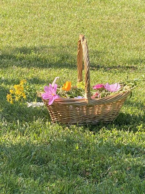 Flower Aesthetic Cottagecore, Basket Of Flowers Aesthetic, Flower Crown Cottagecore, Wicker Basket Flowers, Bright Cottagecore Aesthetic, Flowers In Basket Aesthetic, Cottagecore Picnic Basket, Flowers In Picnic Basket, Flower Garden Picnic