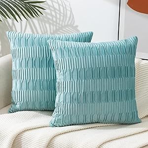 ETASOP Throw Pillow Cases, Set of 2 Striped Cushion Cases Velvet Pillow Covers for Farmhouse Home Decor (Light Blue, 18x18 Inch) Turquoise Throw Pillows, Teal Pillow, Modern Decorative Pillows, Teal Pillows, Pillows Bedroom, Throw Pillows Bedroom, Soft Throw Pillows, Couch Pillow Covers, Striped Cushions