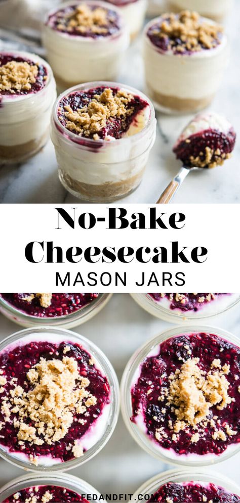 These no-bake cheesecake jars are EVERYTHING good about cheesecake but made with better-for-you ingredients for a healthy, fuss-free take on the old classic! No Bake Cheesecake In Mason Jars, Gluten Free Cheesecake In A Jar, Desert In A Jar Ideas, No Bake Cheesecake In Jars, Healthy Cheesecake In A Jar, Jar Cheesecake Recipes, No Bake Desserts In A Jar, Cheesecake In A Jar No Bake, Gluten Free No Bake Cheesecake