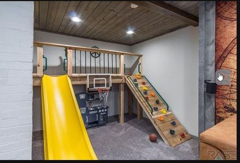 Dream Home Makeover Playroom, Playroom With Jungle Gym, Play Loft With Slide, Loft Bed With Rock Climbing Wall, Schoolroom Playroom Combo, Built In Fort Playroom, Basement Zipline, Indoor Playroom With Slide, Indoor Playground Bedroom