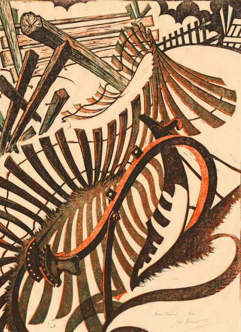 Sybil Andrews - Fence Sybil Andrews, Woodcut Art, Wood Engraving, Canadian Artists, Woodblock Print, British Museum, Linocut Prints, Original Prints, Linocut