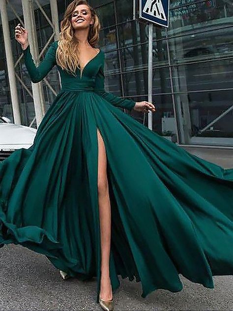 Full Sleeve Prom Dress, Green Prom Dresses, Evening Dress Long, Green Prom, Prom Dresses 2018, Prom Dresses 2020, V Neck Prom Dresses, Prom Dresses 2019, Long Sleeve Prom