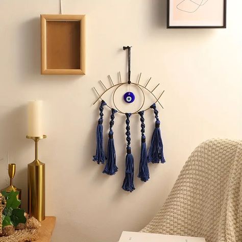 1pc Boho Klein Blue Devils Eye Handwoven Rope Knot Tassel Hanging Ornament Home Room Living Room Bedroom Bathroom Decor Pendant Home Decor Room Decor Holiday Decor | Shop On Temu And start Saving | Temu Evil Eye Room Decor, Evil Eye Room, Eye Dream Catcher, Dream Catcher Materials, Macrame Wall Hanging Decor, Aztec Decor, Witch Room Decor, Cottagecore Room Decor, Boho Macrame Wall Hanging