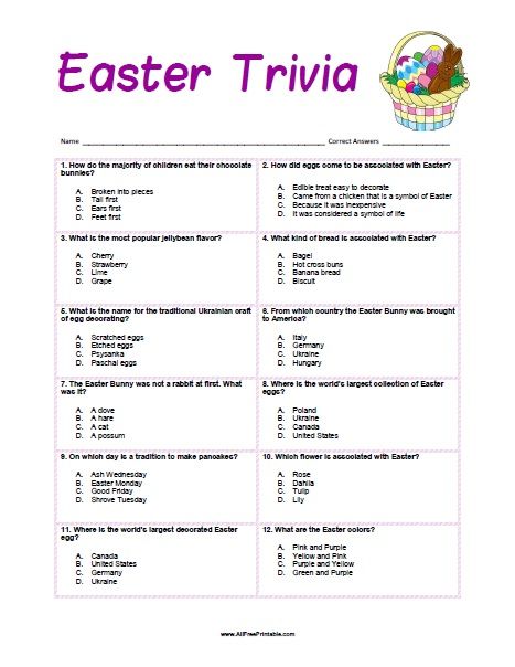 Free Printable Easter Trivia Quiz. Free Printable Easter Trivia Game to have fun at Easter celebration party. Let's find out how much you know about Easter. Try to answer this easy trivia about the Easter flower, Easter bunny, Easter eggs, Easter bread, Easter egg decoration, largest decorated Easter egg, Egg hunt, Chocolate, Jellybeans, Easter pancakes, Egg basket, and more from Easter Pancakes, Easter Quiz, Easter Trivia, Trivia Quiz Questions, Fun Quiz Questions, Easter Party Games, Easter Egg Coloring Pages, Quiz With Answers, Easter Games