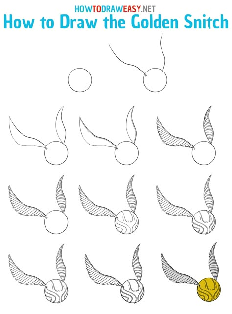 How to Draw the Golden Snitch Step by Step #Snitch #TheGoldenSnitch #GoldenSnitch #Quidditch #HarryPotter #Sport #Sports #Game #Games #Wizard #Wizarding #Hogwarts #Magic How To Draw Hogwarts, Hogwarts Easy Drawing, Snitch Harry Potter Drawing, Easy Harry Potter Doodles, Simple Harry Potter Drawings, Harry Potter Simple Drawings, How To Draw Harry Potter Step By Step, How To Draw Harry Potter, Harry Potter Drawings Easy Step By Step