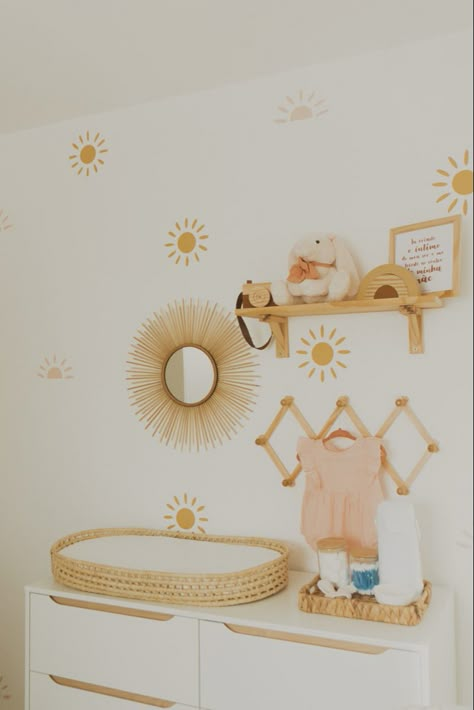 Sun Bedroom Ideas, Yellow Sun Nursery, Sunshine Bedroom Ideas, Gender Neutral Nursery Sunshine, Yellow Boho Nursery, Sun Theme Room, Sun Nursery Decor, Sunshine Room Decor, Here Comes The Sun Nursery Theme