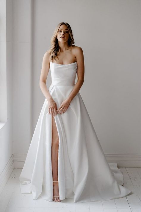 Split Skirt Wedding Dress, Square Strapless Wedding Dress, Scoop Strapless Wedding Dress, Layered Strapless Wedding Dress, Strapless Scoop Neckline, Strapless Wedding Dress Satin, Bride Dress Strapless, Scooped Neckline Wedding Dress, Ballgown Satin Wedding Dress