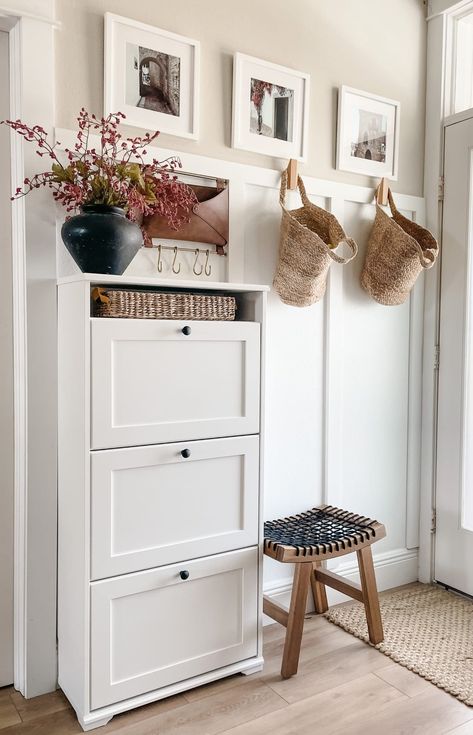 Big Impact Decor: 10 Entryway Ideas for Medium and Small Spaces Slim Entryway Storage, Styling Shoe Rack, Small Space Hallway Ideas, Tiny Foyer Storage, No Entryway Ideas Small Spaces, Mini Hallway Decor, Tiny Entryway Storage Ideas, Drop Station Entryway Small Spaces, Clever Hallway Storage Ideas