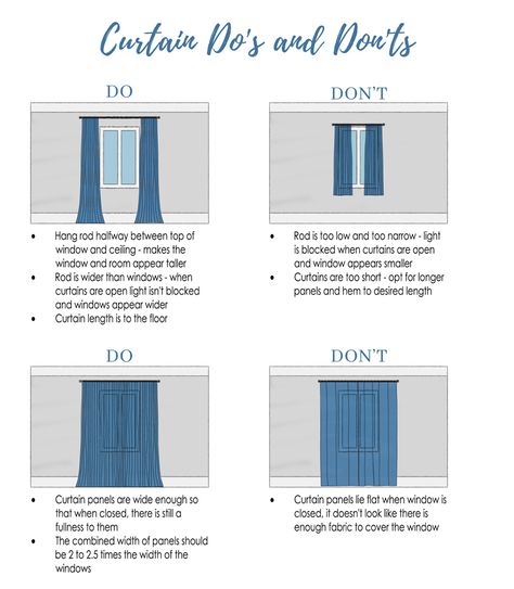 curtain hanging tips and tricks, how to hang curtains, curtain length, rod mounting height, curtain width, curtain fullness, curtain rules, curtain guidelines, drapery hanging tips and tricks, how to hang drapery, drapery mounting height, drapery length, drapery width, drapery fullness, drapery rules, drapery guidelines Curtain Length Guide, How To Hang Curtains, Short Window Curtains, Interior Design Secrets, Hanging Curtain Rods, Curtains Pictures, Hang Curtains, Plain Curtains, Curtain Length