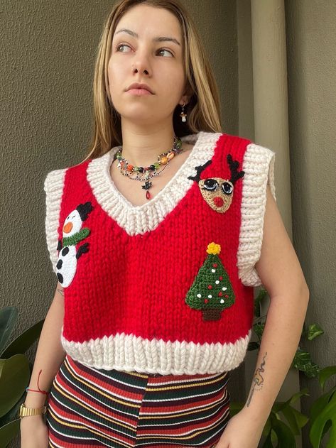 Alisdaknit Style Christmas Sweater Handmade Cozy Vest - Etsy Hong Kong Christmas Vest Crochet, Crochet Christmas Clothes, Christmas Crochet Clothes, Crochet Christmas Vest, Crochet Christmas Sweater Pattern, Christmas Vest Outfit, Crochet Christmas Outfit, Christmas Crochet Sweater, New Year Crochet