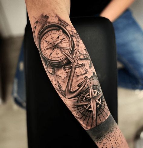 Compass Tattoo Elbow, Compass Tattoo Men, Nautical Tattoo Sleeve, Compass Tattoo Design, Men Tattoos Arm Sleeve, Mens Shoulder Tattoo, Forearm Sleeve Tattoos, Cool Forearm Tattoos, Nautical Tattoo