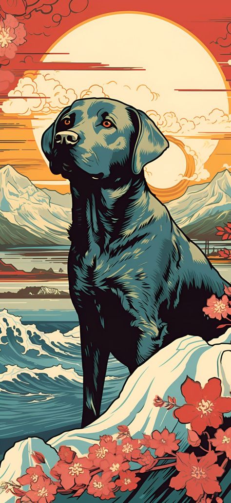 Aesthetic Wallpaper iPhone and aesthetic wallpaper Android, generative art featuring a Black Labrador in Ukiyo-E style near the waves with the sun in the background. Black Labrador Puppy, Black Labs Dogs, Labrador Art, Puppy Drawing, Gym Art, Aesthetic Wallpaper Iphone, Funny Iphone Wallpaper, Lab Dogs, The Loyal