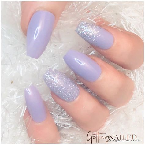 Lavender Nails Ballerina, Purple Nails With Silver Glitter, Lilac And Silver Nails, Purple Fake Nails, Nails Iridescent, Bridesmaids Nails, Lilac Nails, Purple Acrylic Nails, Nails Purple