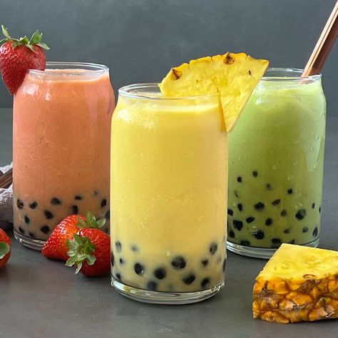 Boba Smoothie (3 Flavors) Lychee Bubble Tea, Strawberry Peach Smoothie, Boba Smoothie, Green Apple Smoothie, Mango Pineapple Smoothie, Sweet Smoothies, Mango Chunks, Frozen Fruits, Pineapple Smoothie