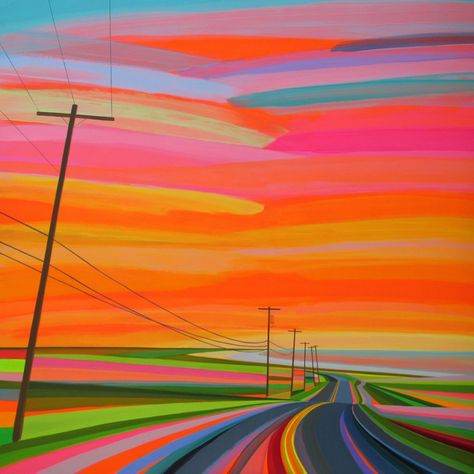 American artist Grant Haffner has been a resident of Long Island's East End for most of his life. His images are inspired by and reflect the country roads, flat landscapes and surrounding water that he... Grant Haffner, Artist Grants, Road Painting, Neon Painting, Power Lines, Cool Ideas, Hippie Art, Colorful Paintings, Painting Inspiration