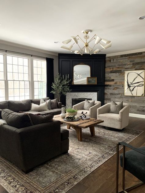 Mood Board Monday: Family Room Refresh Family Room Dark Couch, Black Couch Family Room, Living Room Ideas With Dark Floors, Living Room Design Dark Couch, Living Room With Dark Sectional, Dark Living Room Couch, Dark Accents Living Room, Graphite Couch Living Room Ideas, Dark And Neutral Living Room