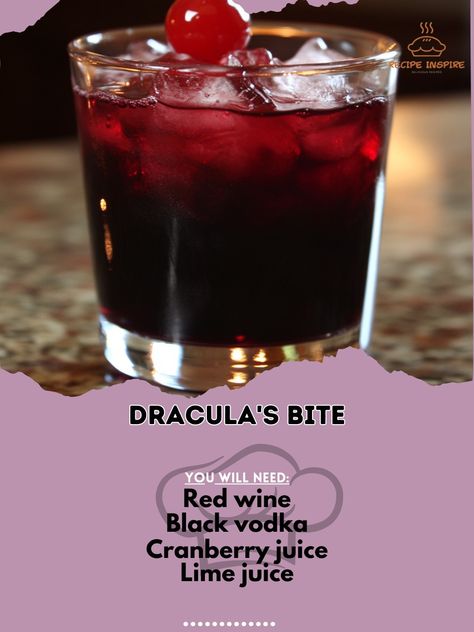 Sink your teeth into Dracula's Bite—a fang-tastic cocktail that's perfect for a spooky evening! 🦇🍹 #HalloweenCocktails #SpookySips Dracula's Bite Ingredients: Red wine (3 oz) Black vodka (1 oz) Cranberry juice (2 oz) Lime juice (1/2 oz) Ice cubes (as needed) Maraschino cherry (for garnish) Instructions: In a shaker, combine black vodka, cranberry juice, and lime juice with ice. Shake well and strain into a glass. Top with red wine. Garnish with a maraschino cherry. 🧛‍♂️🍷 Enjoy this chilli... Red Alcoholic Drinks, Autumn Beverages, Black Vodka, Kiss Cocktail, Cranberry Juice And Vodka, Vodka Cranberry, Cocktail Drinks Alcoholic, Boozy Drinks, Halloween Cocktails