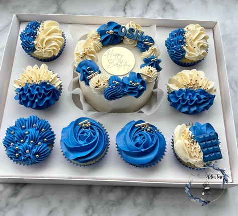 Bento Cake Price, Blue Bento Cake, Mens Birthday Cake, Blue Velvet Cupcakes, Cake With Cupcakes, 19th Birthday Cakes, 25th Birthday Cakes, Bento Cakes, Birthday Cake For Husband