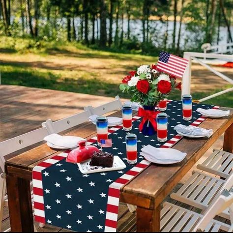 Absolutely Beautiful Set Your Tables For The Holidays With This Patriotic Red White And Blue Stars And Stripes Linen Table Runner. This Design Is Perfect For Use Year Round, All Summer Or For Several Holidays Like Memorial Day, Independence Day / Fourth Of July (4th Of July), Labor Day & Veterans Day. It’s The Perfect Decorative Centerpiece For Your Parties, Events, Bbqs, And Celebrations. Measures: 72” L X 13” W 100% Polyester Bpa Free Made From Durable High Quality Materials Fade Resistant Eas Birthday Party 13, 4th Of July Table Runner, Hotel Dinner, Linen Table Runners, Independence Day Theme, Holiday Birthday Party, Festival Atmosphere, Memorial Day Decorations, Party Kitchen