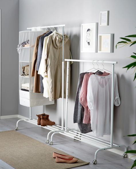 ikea rigga clothes rack Rigga Clothes Rack, Ikea Rigga, No Closet Space, Ikea Clothes Rack, Ikea Mulig, Black Clothing Rack, Wall Mounted Clothing Rack, Low Dresser, Tiny Closet