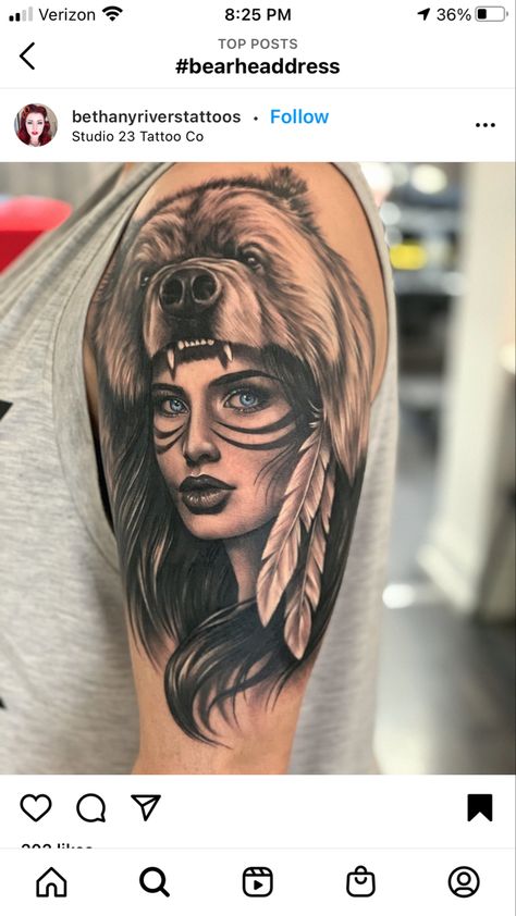 Woman With Bear Headdress Tattoo, Bear Headdress Tattoo, Alaskan Tattoos, Bear Tattoos For Men, Steph Brown, Men Tattoos Arm, Tattoos Arm Sleeve, Tattoo Fixes, Headdress Tattoo