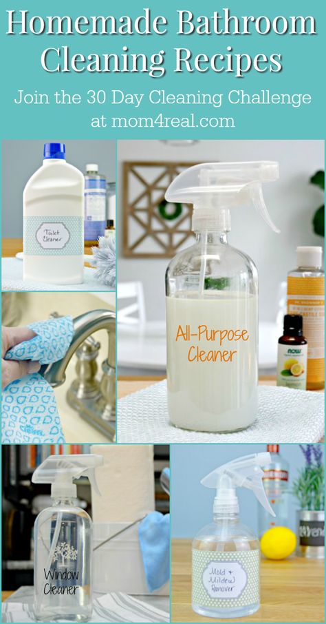 Today is Day 4 of my 30 Day Cleaning and Organizing Challenge, and we are finishing up the bathroom cleaning. We are cleaning mirrors and windows, countertops, toilets and floors. I'm sharing my homemade bathroom cleaning recipes so you can make your own DIY cleaners if you like too! Cleaning Mirrors, Homemade Bathroom Cleaner, Natural Bathroom Cleaner, Diy Bathroom Cleaner, Window Cleaner Homemade, Homemade Toilet Cleaner, Homemade Cleaning Supplies, Cleaning And Organizing, Homemade Cleaners